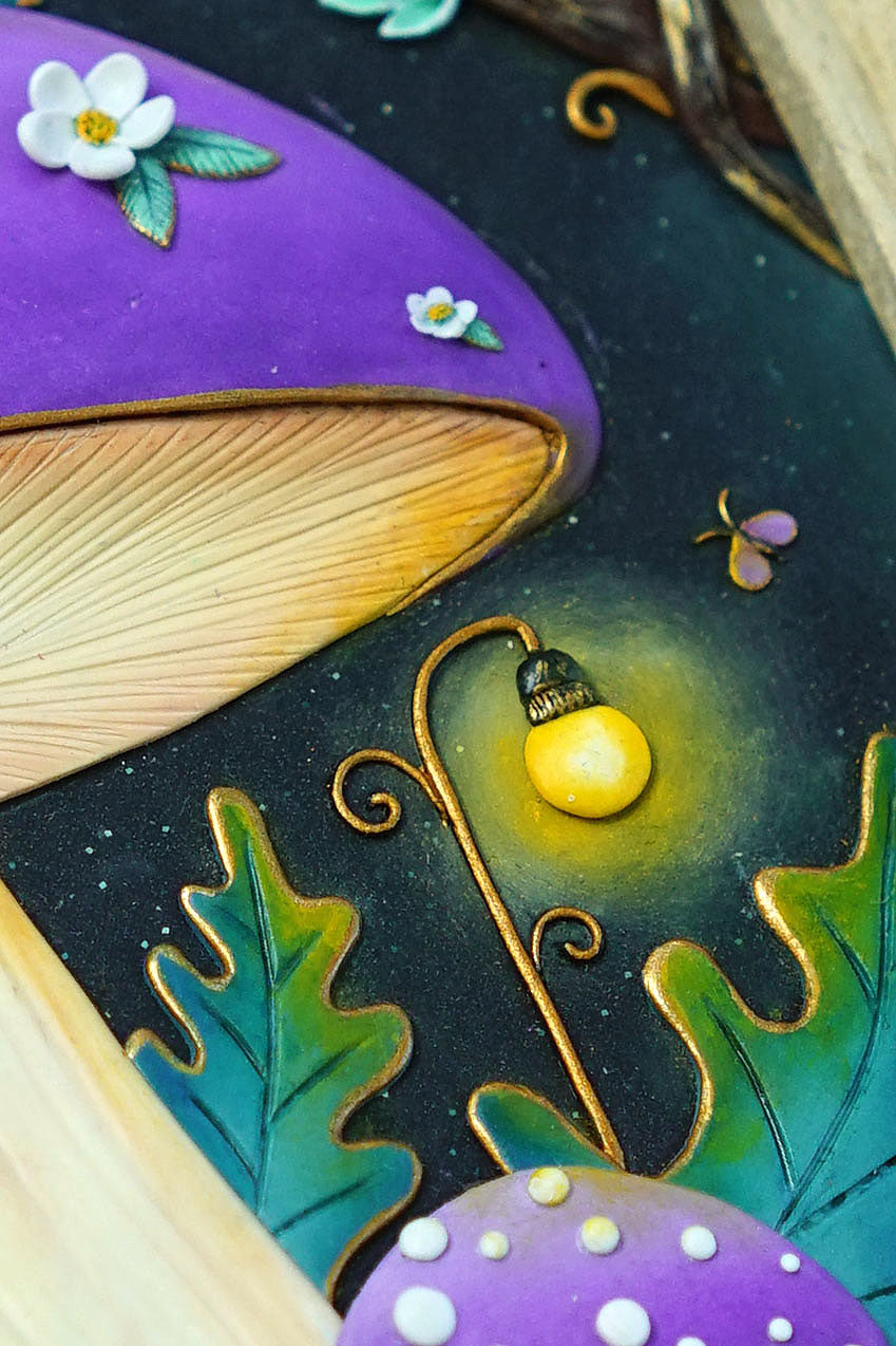Close-up of a whimsical fantasy artwork featuring purple mushrooms, green leaves, a glowing yellow mushroom cap, and small flowers on a dark textured background.