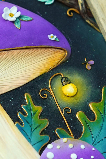 Close-up of a whimsical fantasy artwork featuring purple mushrooms, green leaves, a glowing yellow mushroom cap, and small flowers on a dark textured background.