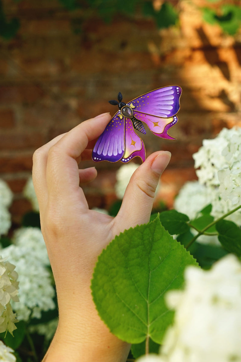 Dramethysta | Purple moth brooch