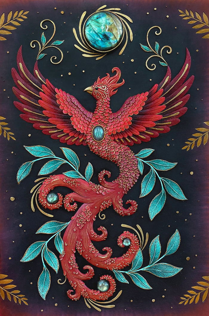 Colorful phoenix illustration with leaves on a dark background