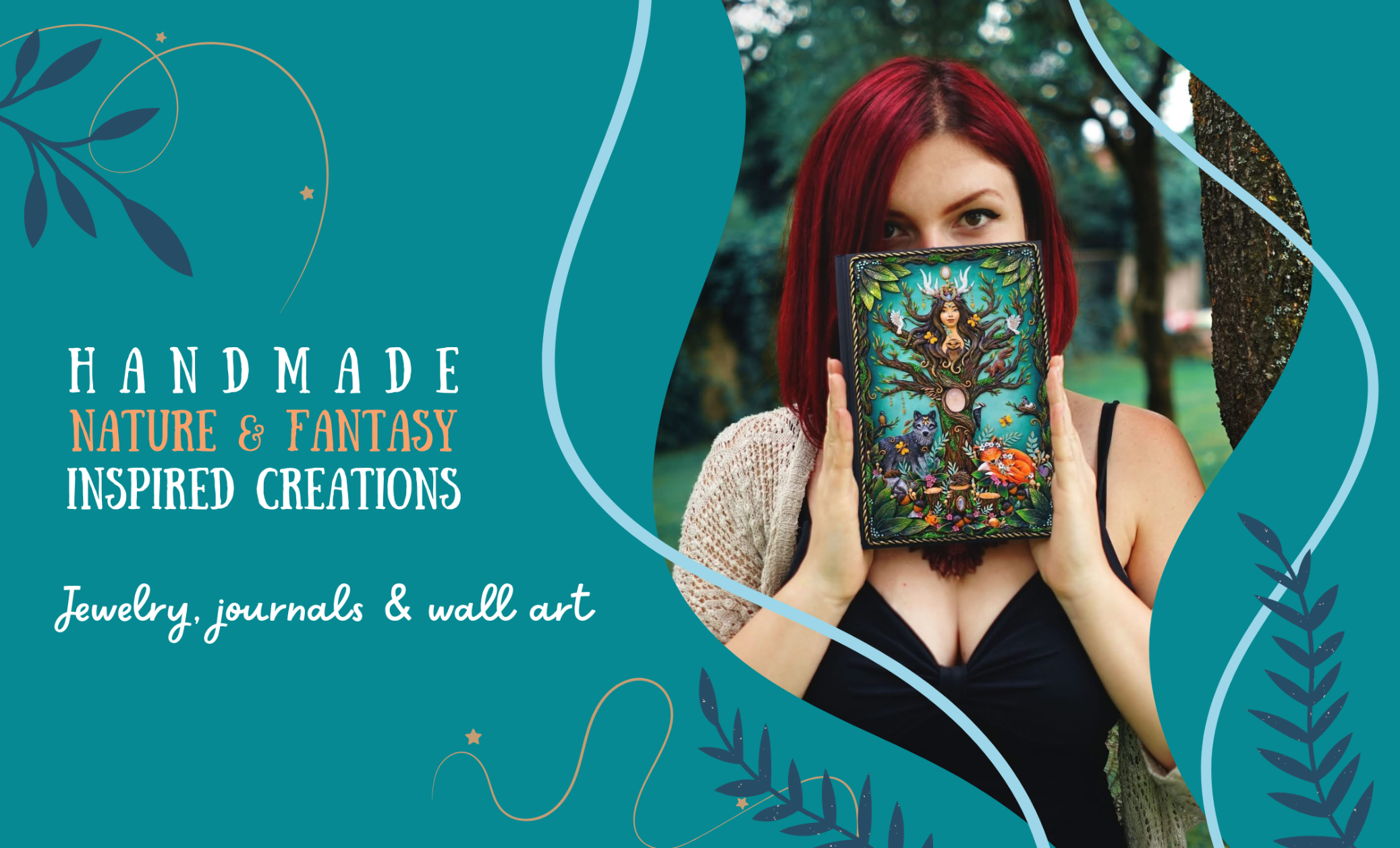 Polymer clay artist Wildflower holding a nature-themed book with teal background and text about handmade creations.