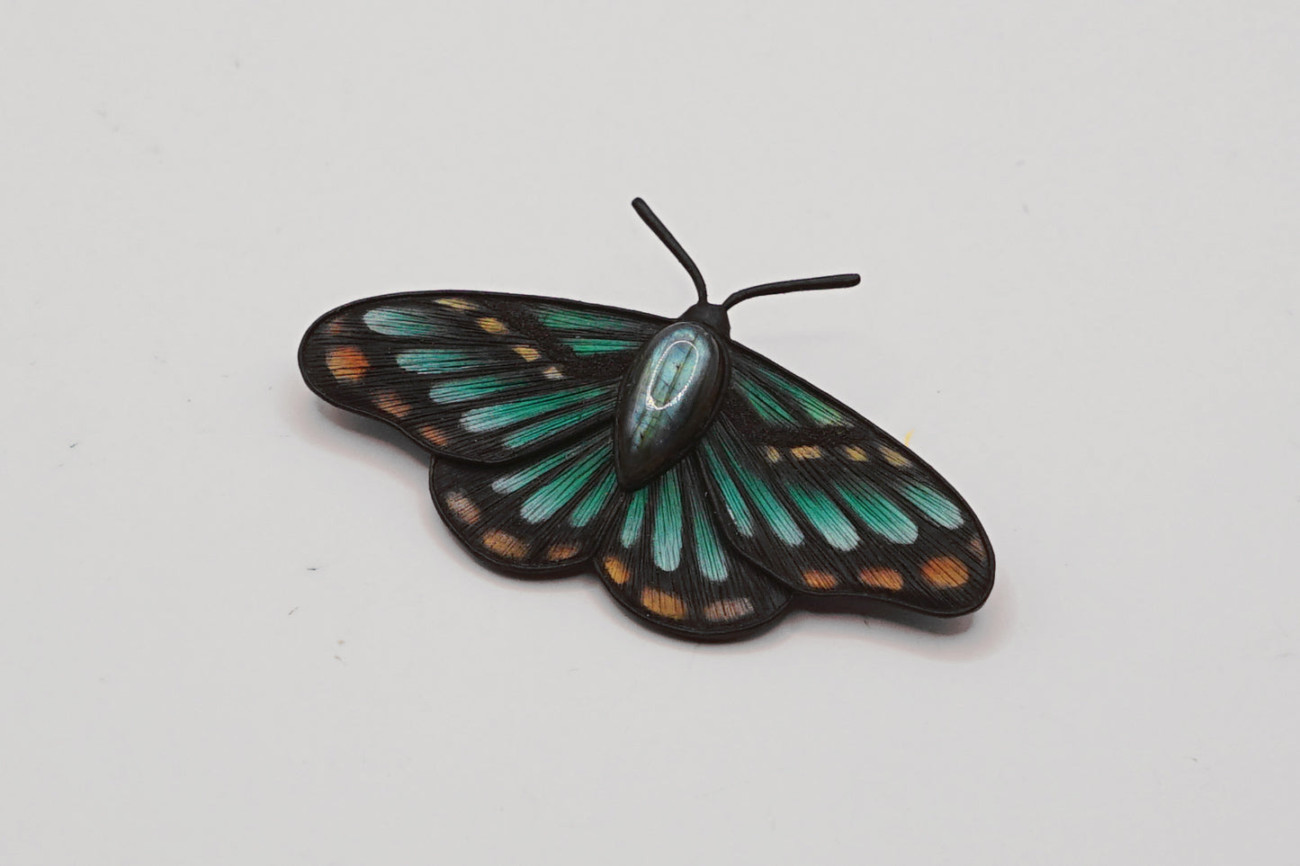 Butterfly-shaped object with green and black colors on a white background