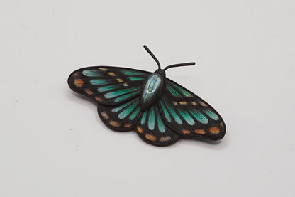 Butterfly-shaped object with green and black colors on a white background