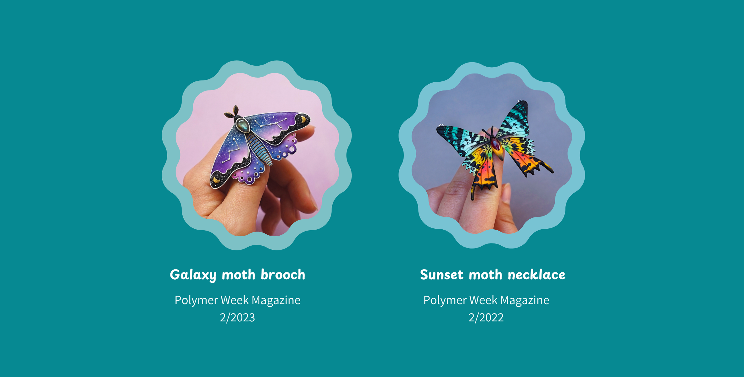 Two moth-themed jewelry pieces with labels on a teal background