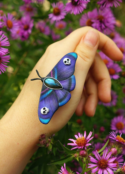 Violet moth brooch with skulls | The Twilight Messenger