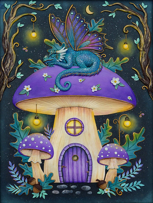 A whimsical fantasy illustration of a fairy dragon curled up on a large purple mushroom house, with smaller matching mushrooms, glowing hanging lights, and a dark starry night sky in the background.