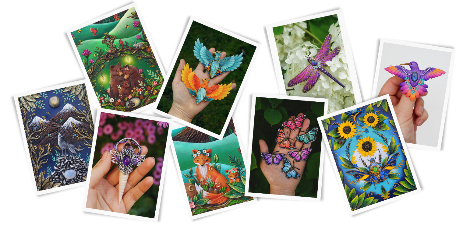 Collection of colorful polymer clay jewelry and journal designs 